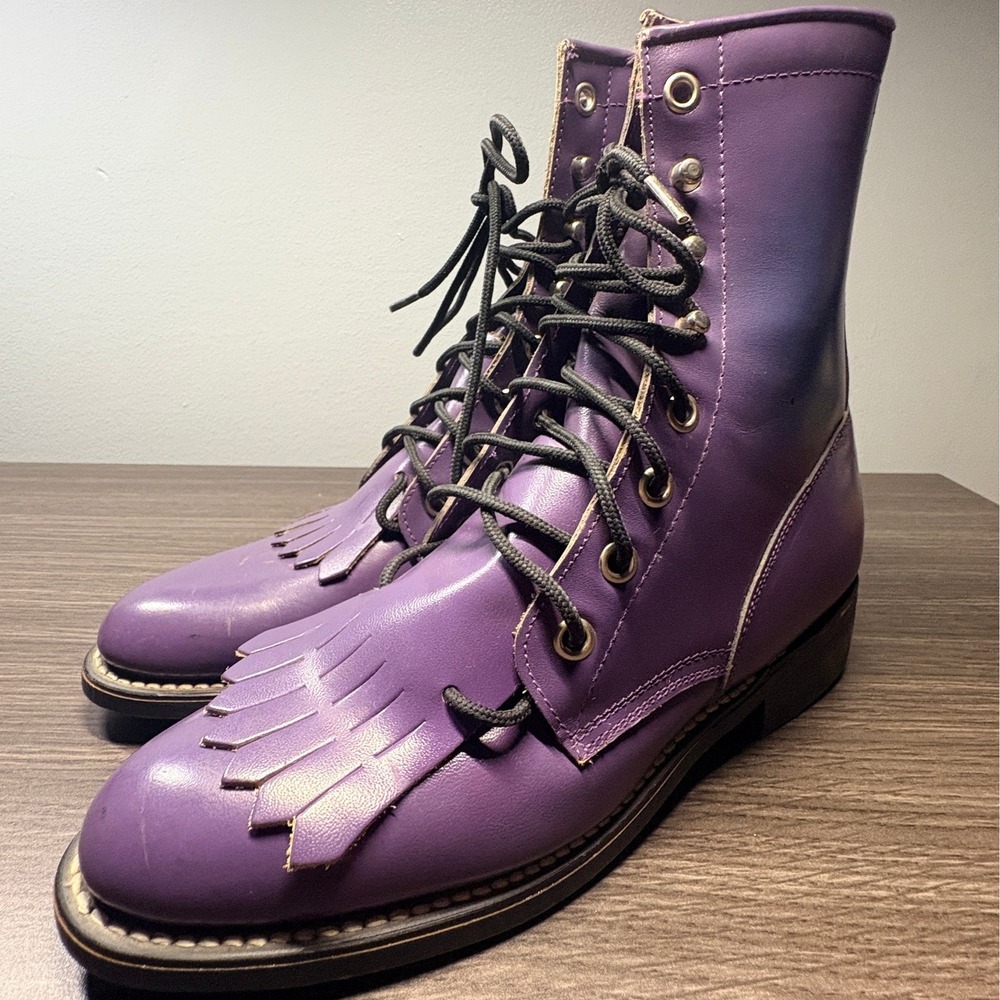 Diamond J Purple Leather Kiltie Lace Up Boots Round Toe Mid Calf Style BO0537L 5